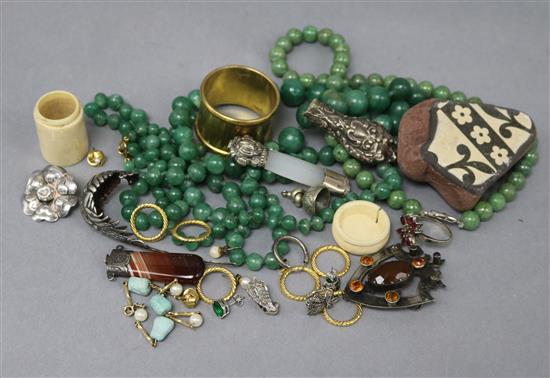 Three green hardstone bead necklaces and sundries